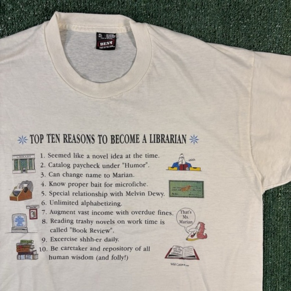 Vintage 1995 Top 10 Reasons To Become A Librarian‎ White T-shirt Men's XL